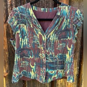 Vintage Layered V-Neck Button Front Short Sleeve Crinkle Silk Top size M Crop